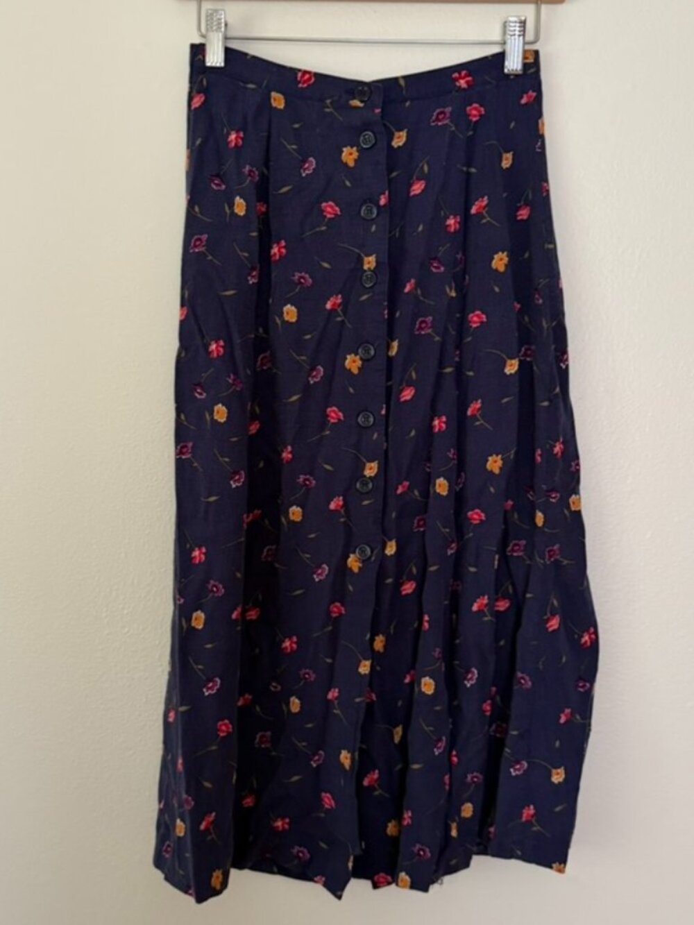 Vintage 90s Bentley Navy Floral Button Front Midi Maxi Skirt Size S